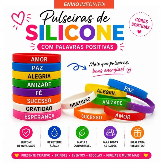 Kit Pulseira da Amizade Silicone Palavras Presente Acessório Prenda Gincana Lembrancinha Festa