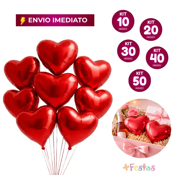KIT 10/20/30/40/50 Balão Metalizado Formato Coração Vermelho 20cm Presente Namorados Decoração
