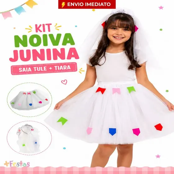 Kit Saia De Tule Com Bandeirinha E Tiara Arquinho Noiva Caipira Festa Junina Fantasia Quadrilha