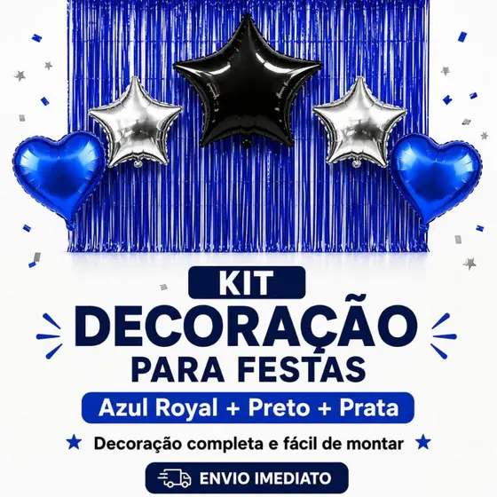 Kit Decoração Festa Azul Cortina Metalizada Balão Estrela Coração Painel Cenário Surpresa