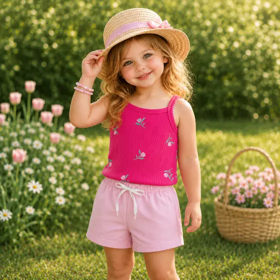 Conjunto Infantil Verão Blusa Canelada de Alça com Estampa Florzinha e Bermuda Moletinho