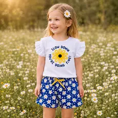 Conjunto Infantil Blusa Meia Malha com Estampa e Bermuda Poliflex Estampada Verão