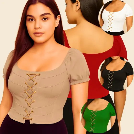 Blusa feminina cropped manga curta com bojo e correntinha