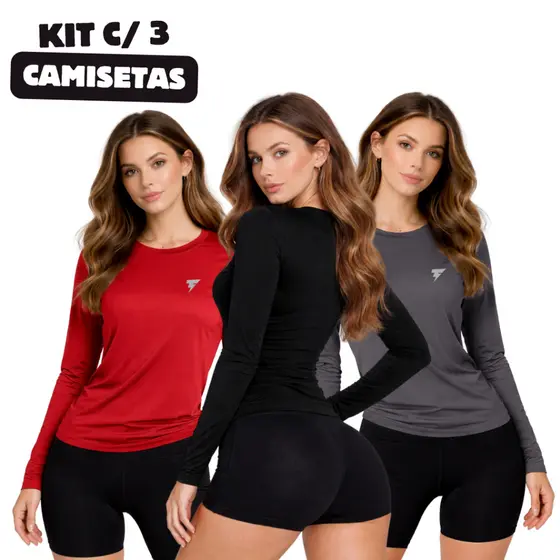 Kit 3 Camisa Térmica Feminina Proteção Uv 50+ Segunda Pele Camiseta Malha Fria Manga Longa Academia