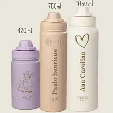 KUBB Garrafa Térmica Inox 420ml 750ml 1050ml para Agua com Alça Mantém Quente e Gelada Antivazamento Personalizada Nome