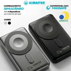 Carregador Portátil Power Bank Kimaster 10000mAh Carregamento Sem Fio Indução 4 Saídas e Cabo USB-C