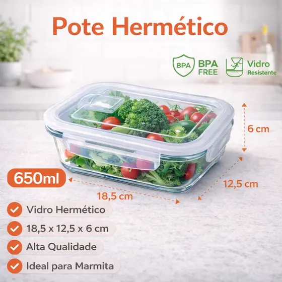 Kit 3/ 5 /10 Potes De Vidro Hermético Marmita 650ml Grande com Tampa para Forno Microondas Freezer