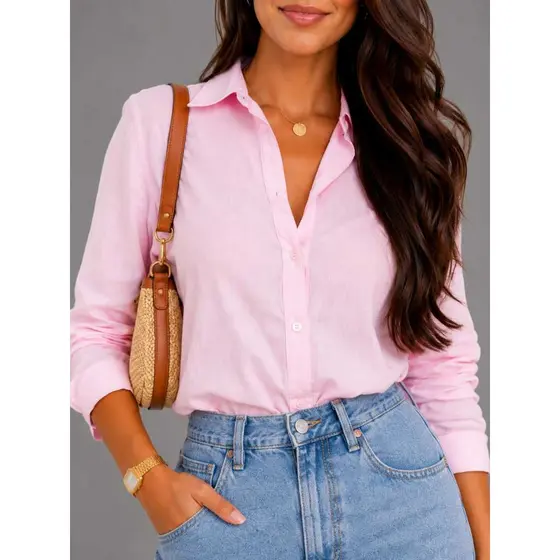Camisa Feminina Manga Longa Lisa com Botões Blusa Social Elegante para Trabalho e Dia a Dia