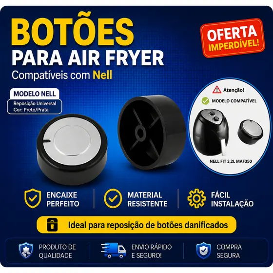 Botão Timer Air Fryer Nell Preto Peça de Reposição Compatível Original