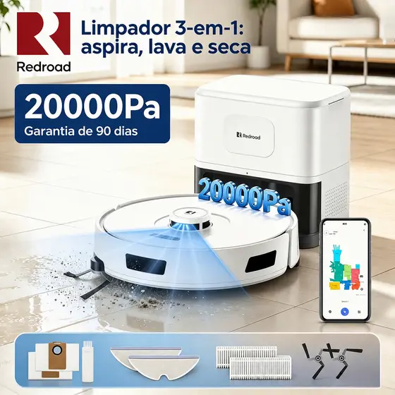 robô aspirador e passa pano Estação Autolimpante, Sucção 20000Pa, Bateria 150min, Saco 4L, Controle App-Redroad R11