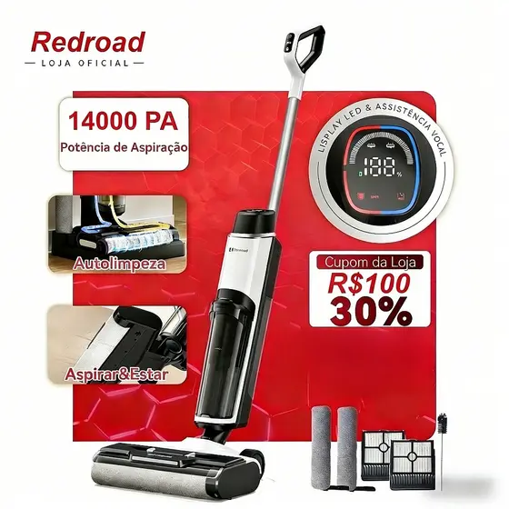 Aspirador de Pó 3‑em‑1 Redroad W15: Aspira, Lava e Limpa o Chão, Autolimpeza, Tanque 910ml, Tela LED, Bivolt 100‑240V