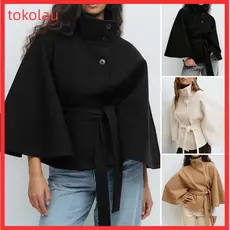 Casaco Poncho Feminino De Lã Com Manga Morcego , Gola Alta , Capa Cortada Cinto , Outono Inverno , Curto