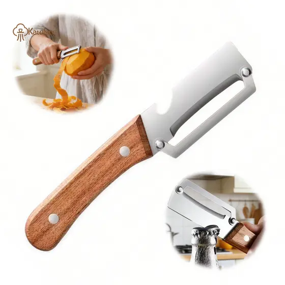 Descascador de Aço Inox Cabo Madeira Ergonômico com Abridor para Batatas