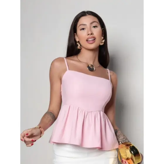 Blusa  BIANCA Bata Blusinha Cropped Elástico com Babado Soltinha Moda Gringa Tendência Verão