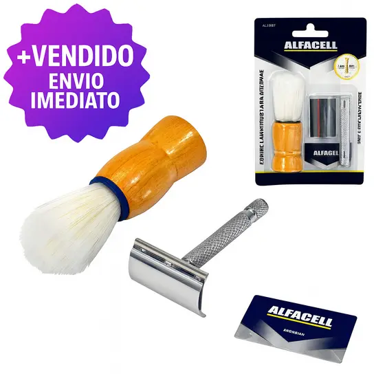 Kit Pincel e Aparelho De Barbear Inox barbeador Retro Antigo e Lâmina