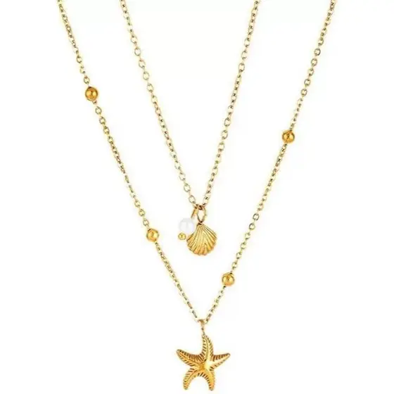Colar Femenino Concha Estrela Mar Banho Ouro 18K, Presente Dia dos Namorados com Caixa, Jóia Praia
