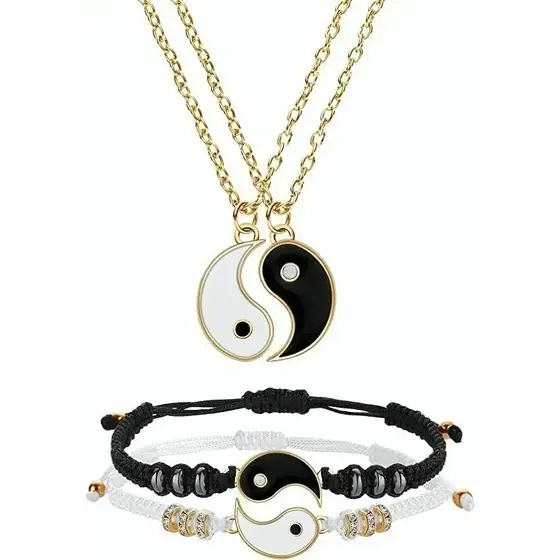 Stainless Steel Yin Yang Couple Necklace Bracelet Set, 2 Pair BFF Chains for Friendship and Anniversary Gifts