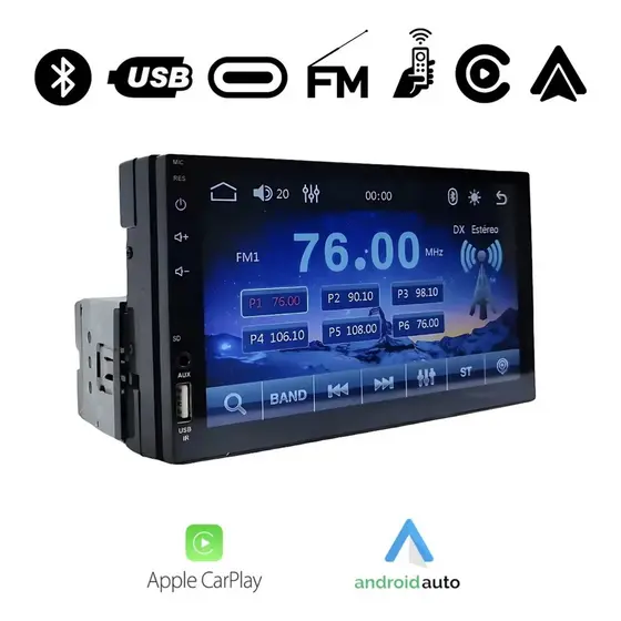 Central Multimídia Automotiva + Câmera Ré Mp5 1 Din Tela 7 Polegadas Touch Retrátil Acessório Som Automotivo Universal