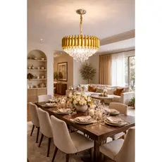 Lustre Cristal Dourado Redondo 50cm Luxuoso Sala Jantar