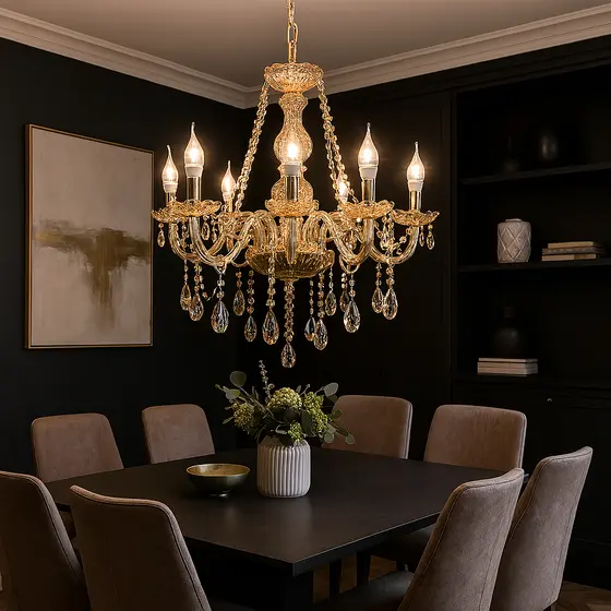 Lustre De Cristal Luminária Luxuoso Ambar Com 8 Braços