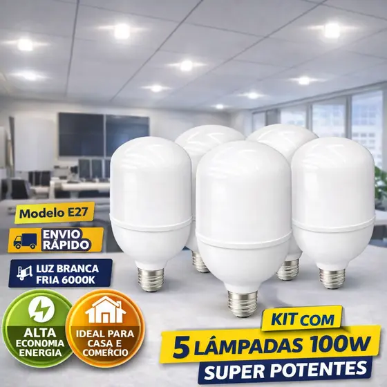 Kit 05 Lâmpada LED Bulbo 100W Super Branca Econômica Bivolt