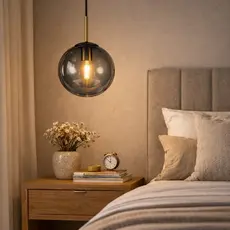 Lustre Pendente Globo de Vidro Relevo Lateral Fumê 25cm