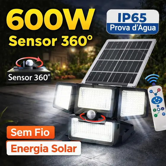 Refletor Solar LED 600W com Sensor Movimento 4 Faces 360°