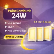 Kit 04 Painel Plafon Led Embutir 24w Quadrado Branco Quente