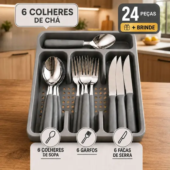 Jogo 24 Peças Talheres Premium Aço Inox com Suporte Gaveteiro de Brinde