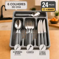 Jogo de Talheres Inox 24 Peças com Organizador Ideal para Mesa e Cozinha