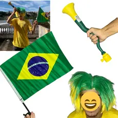 Kit Torcida Brasil Copa – Peruca Verde e Amarela + Corneta + Bandeira para Carro Mudar