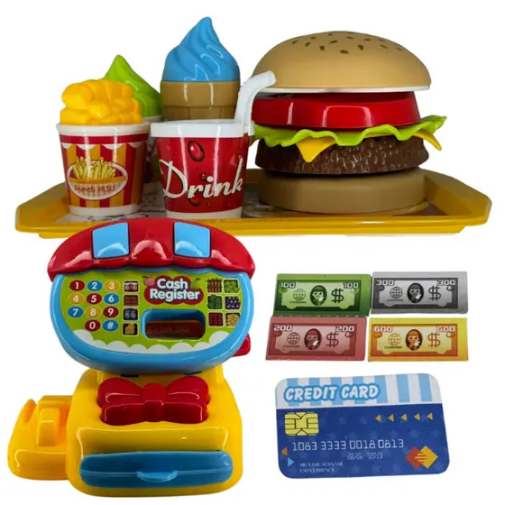 Kit Hamburgueria Infantil Com Caixa Registradora Hamburguer Desmontavel Dinheiro Brinquedo Kids