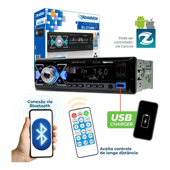 Rádio Mp3 Roadstar Bluetooth Potente 2 Usb Carrega Celular Premium