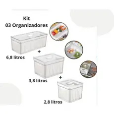 Kit 3 Organizadores de Geladeira 6,8 + 3,8 + 2,8 Litros Com Cesto - Plastutti