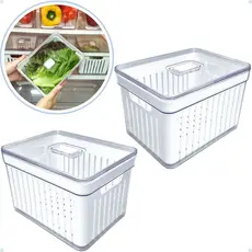 Kit com 2 Organizadores de Geladeira com Cesto de Drenagem e Tampa com Controle de Ventilação - 3,8 LITROS.
