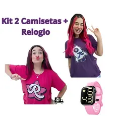 KIT 2 camisetas + Relogio Infantil Juvenil Emily Vick e Katlen Teen Juvenil dos rosa Juvenil Emili vic rosa e roxa