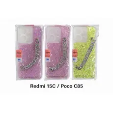 Capa capinha Glitter Luxo com Alça Corrente para Redmi 15C / Poco C85 – Brilho 3D Feminino + Proteção Antichoque