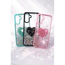 Capa Glitter Coração Premium para Galaxy A56 5G / A36 5G/ A16Transparente com Borda Colorida, Antichoque e Brilho Luxo ✨