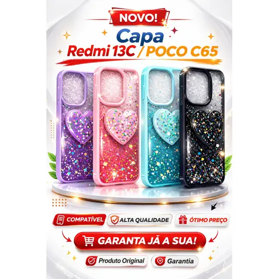 Capa  capinha Glitter Coração 3D Redmi 13C / Poco C65 – Brilho Luxo com Proteção Antichoque