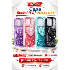 Capa  capinha Glitter Coração 3D Redmi 13C / Poco C65 – Brilho Luxo com Proteção Antichoque