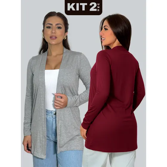 Kit Casaco Cardigan Feminino Liso Kimono Manga Longa Malha Viscolycra Cardigã