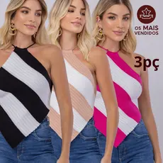 Kit 3 Cropped Feminino Top Lenço Listrado Cropped Feminino Modal