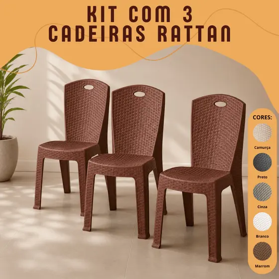 Kit 3 Cadeiras Rattan Reforçada Empilhável Escritório Varanda Salão Área Lazer ENVIO IMEDIATO