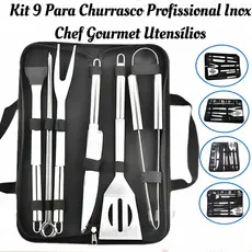 Kit 9 Peças Para Churrasco Profissional Inox Chef Gourmet Utensílios Luxo Envio Imediato