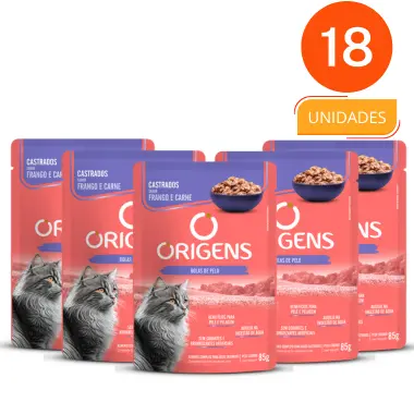 CAIXA 18 UNIDADES - SACHE ORIGENS FRANGO e CARNE AO MOLHO - ADULTOS CASTRADOS