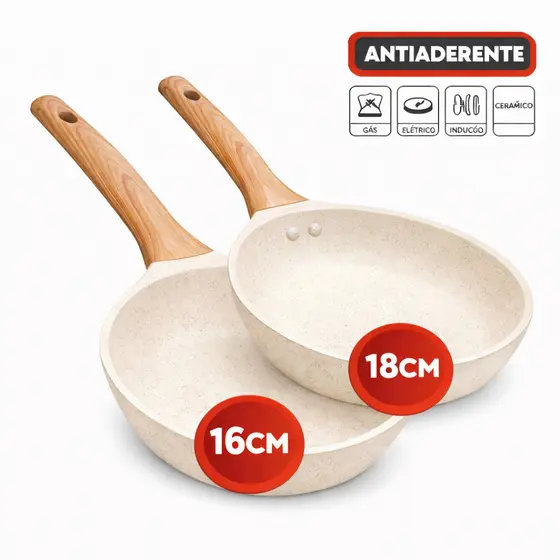 Frigideira Indução 16cm e 18cm Antiaderente em Alumínio Creme Revestimento Cerâmico Premium Cabo Madeira