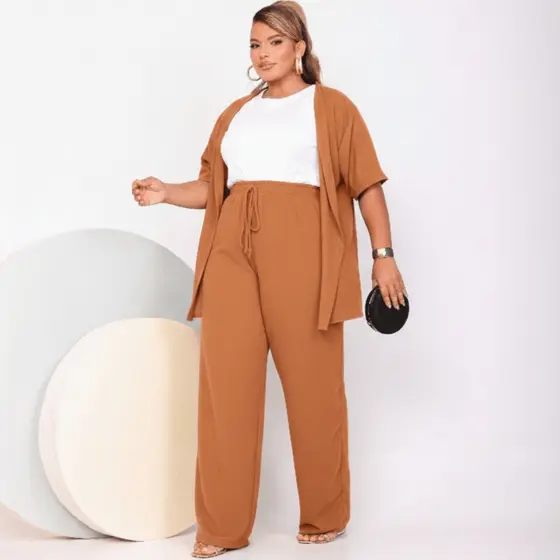 Conjunto Feminino Plus Size Duas Peças Pantalona Com Kimono Confortável