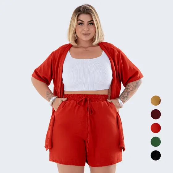 Conjunto Feminino Plus Size Kimono Cardigan e Short Moda Casual