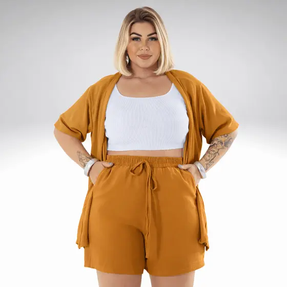 Conjunto Plus Size Feminino Kimono e Short Verão Look Casual Confortável