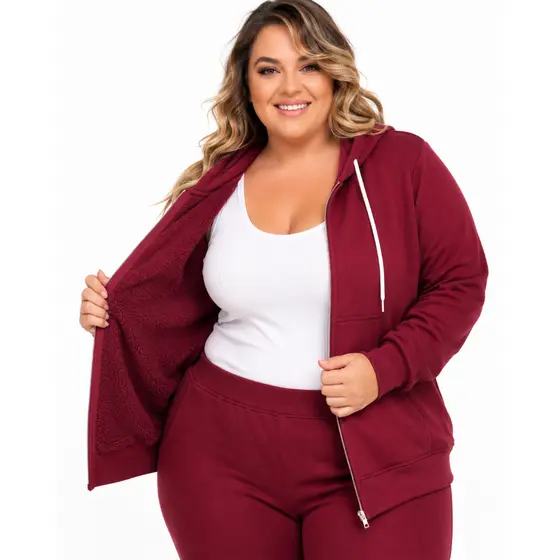 Casaco Moletom Feminino Plus Size com Zíper Pelúcia Interna | Quentinho Inverno M AO G1